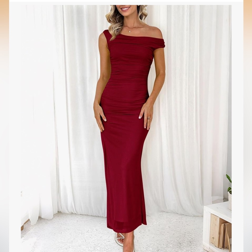 Btfbm Off-Shoulder ruched red wine  Dress
